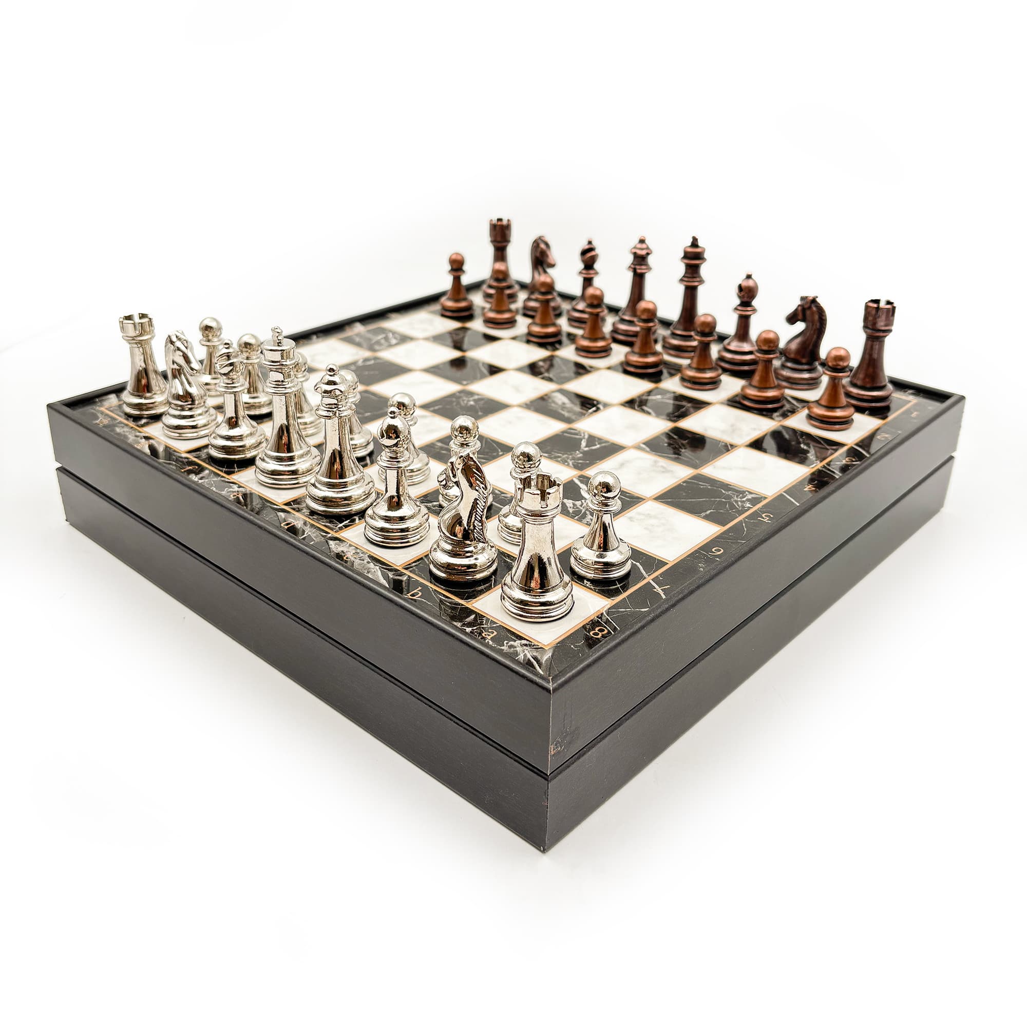 Ahşap Satranç Takımı Siyah Gümüş Metal Taşlı MERKP36S - 25cm - Bakır-Gümüş