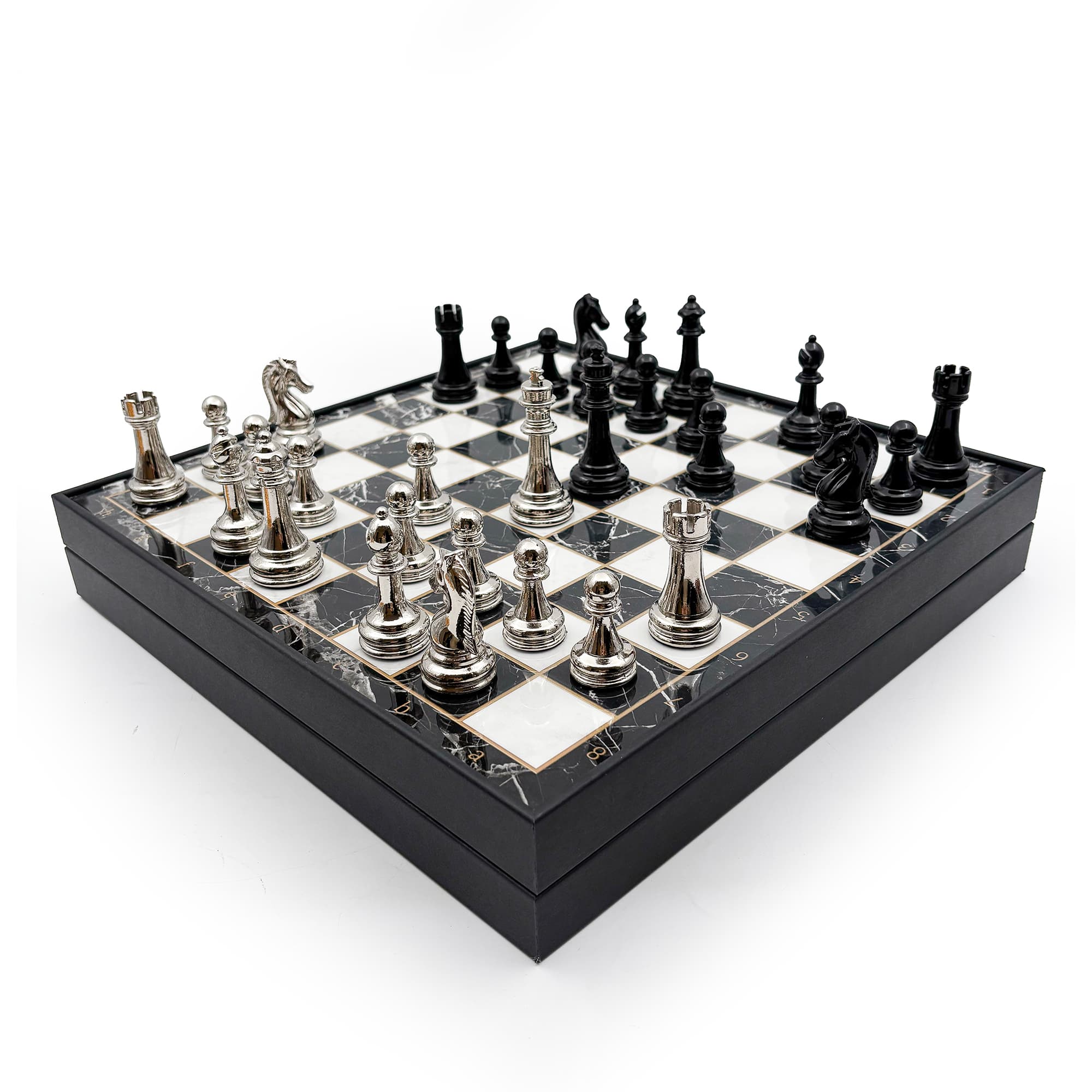 Ahşap Satranç Takımı Siyah Gümüş Metal Taşlı MERKP36S - 25cm - Siyah-Gümüş