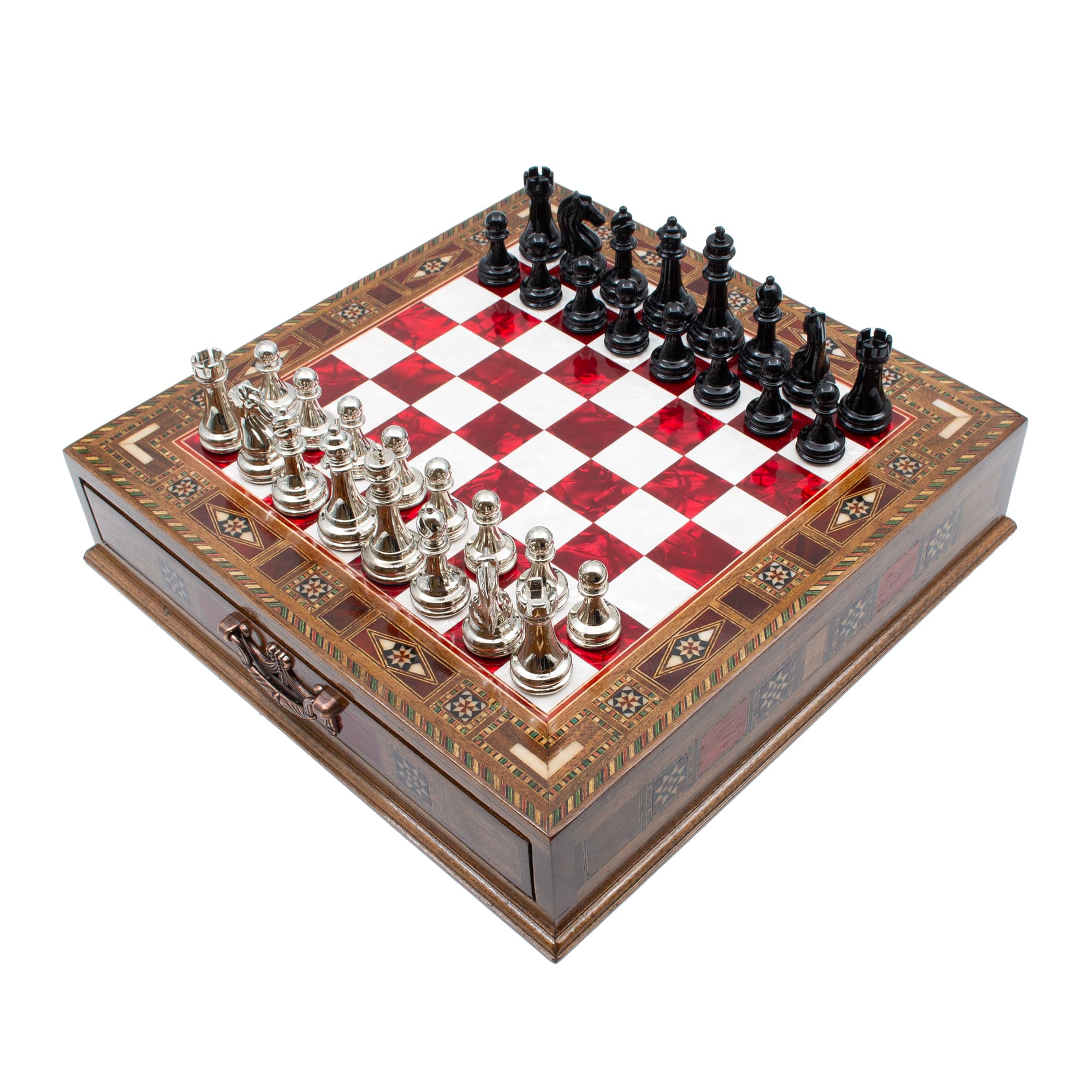 Çekmeceli Satranç Taşlarına Sahip SC38KSA - Kırmızı Tahta - 32cm - Siyah-Gümüş
