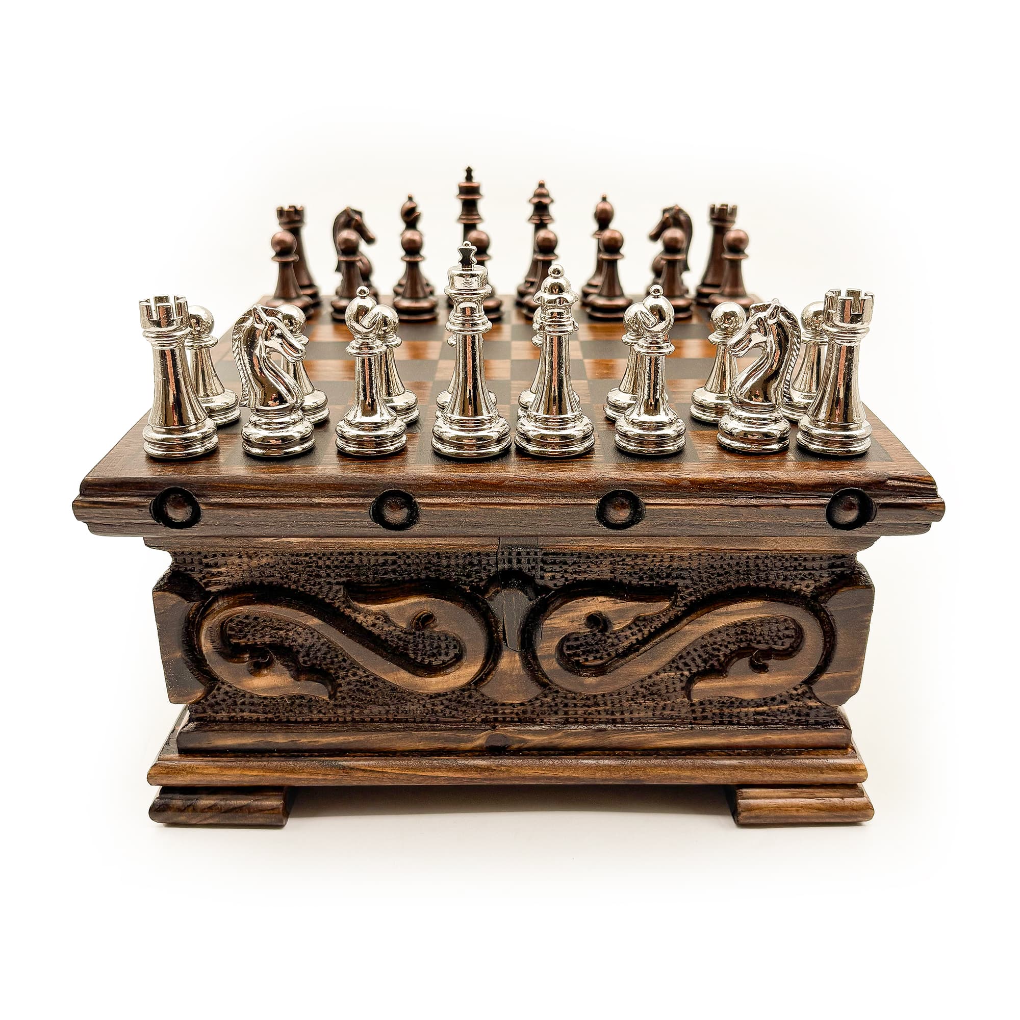 Handcrafted Walnut Chest Model Chess Set with Hidden Compartments and Metal Classic Chess Pieces SNKK20 - Bakır-Gümüş - Görsel 2