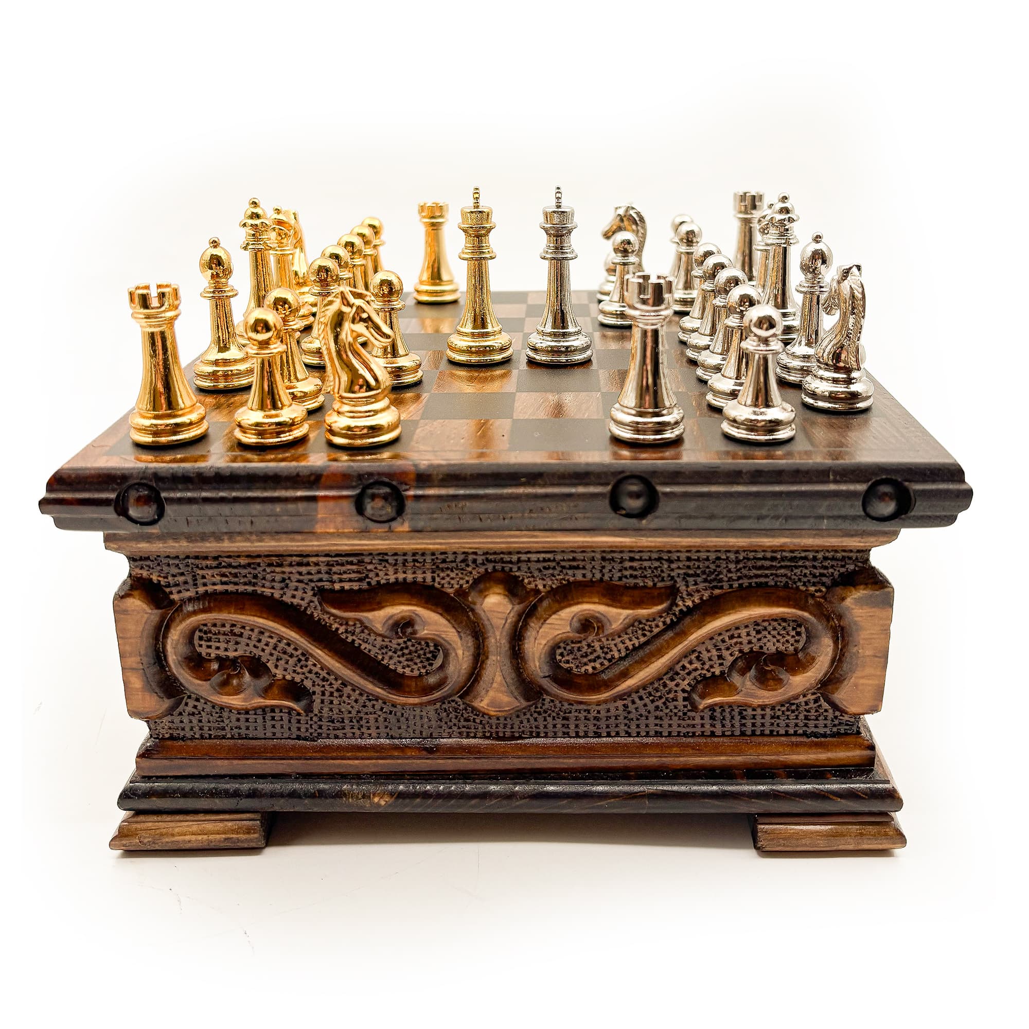 Handcrafted Walnut Chest Model Chess Set with Hidden Compartments and Metal Classic Chess Pieces SNKK20 - Altın-Gümüş - Görsel 2