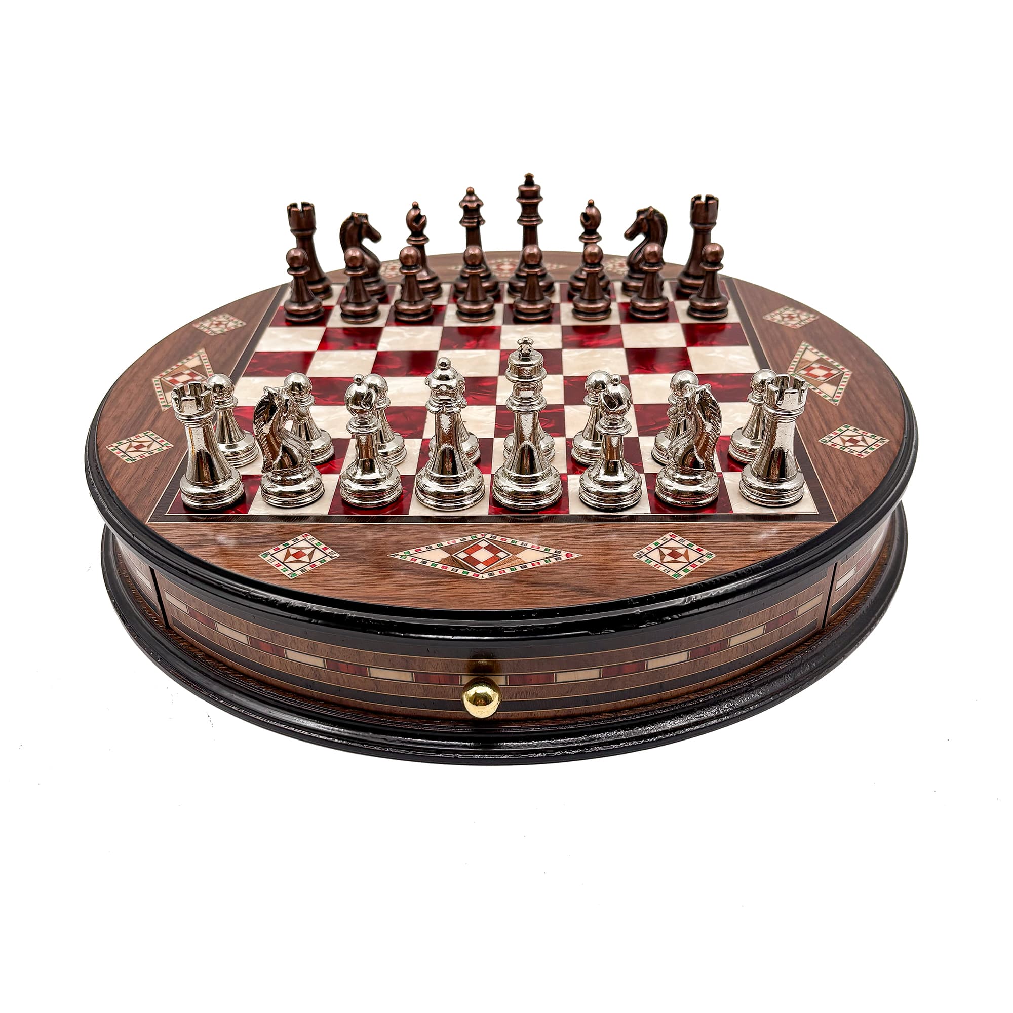 Personalized Round Handcrafted Chess Board with Drawers and Metal Chess Pieces MSYV36 - Kırmızı Tahta - Bakır-Gümüş