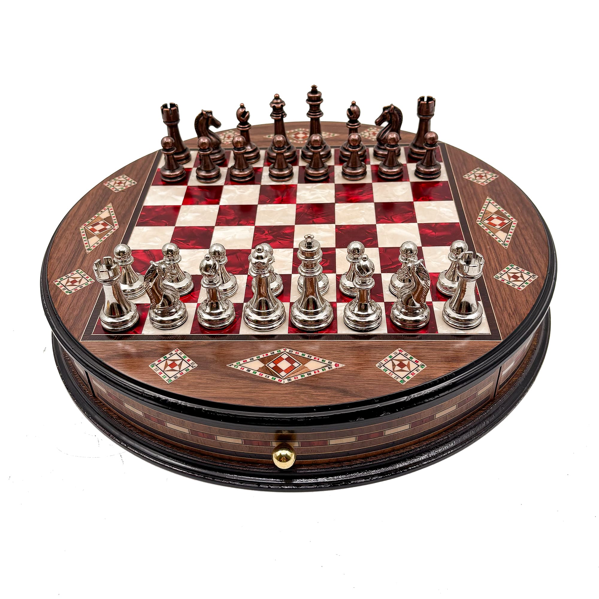Personalized Round Handcrafted Chess Board with Drawers and Metal Chess Pieces MSYV36 - Kırmızı Tahta - Bakır-Gümüş - Görsel 3