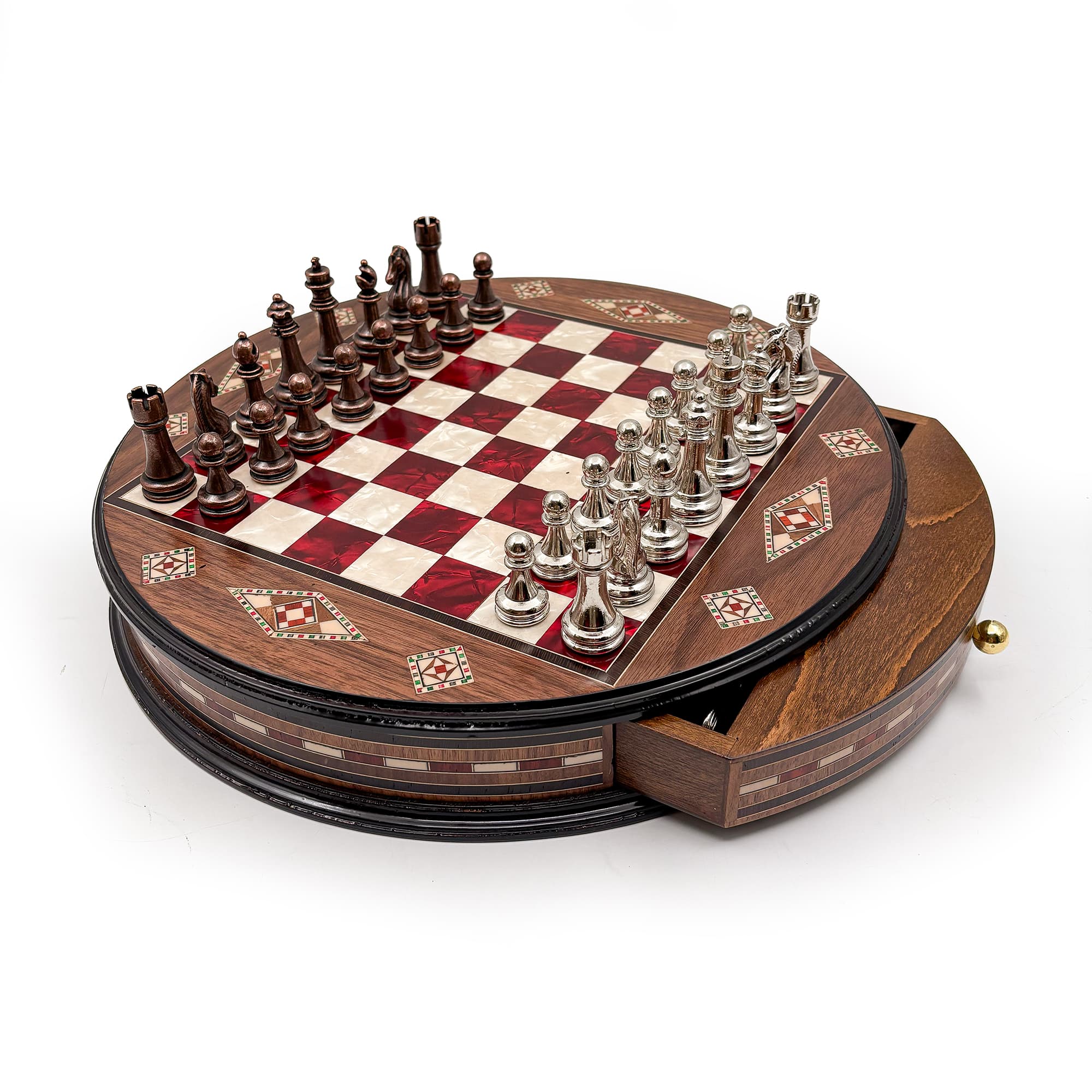Personalized Round Handcrafted Chess Board with Drawers and Metal Chess Pieces MSYV36 - Kırmızı Tahta - Bakır-Gümüş - Görsel 2