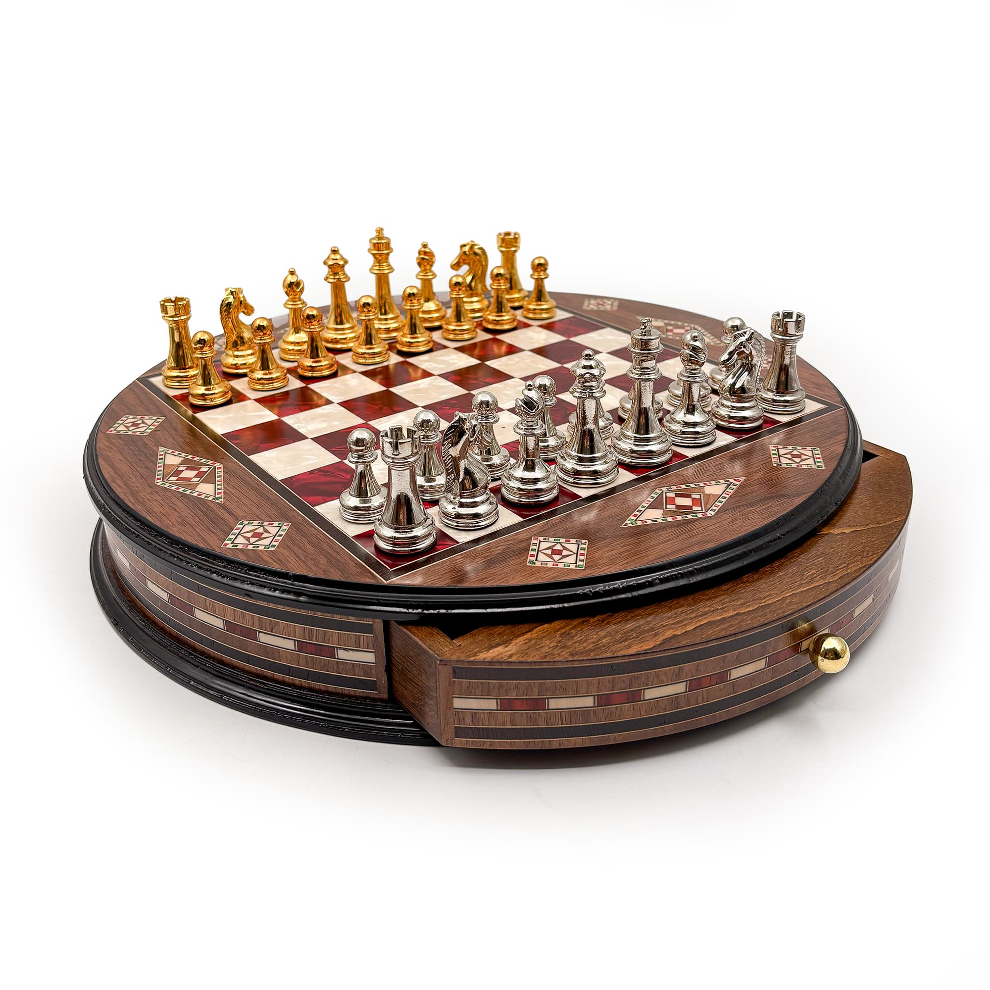Personalized Round Handcrafted Chess Board with Drawers and Metal Chess Pieces MSYV36 - Kırmızı Tahta - Altın-Gümüş - Görsel 2
