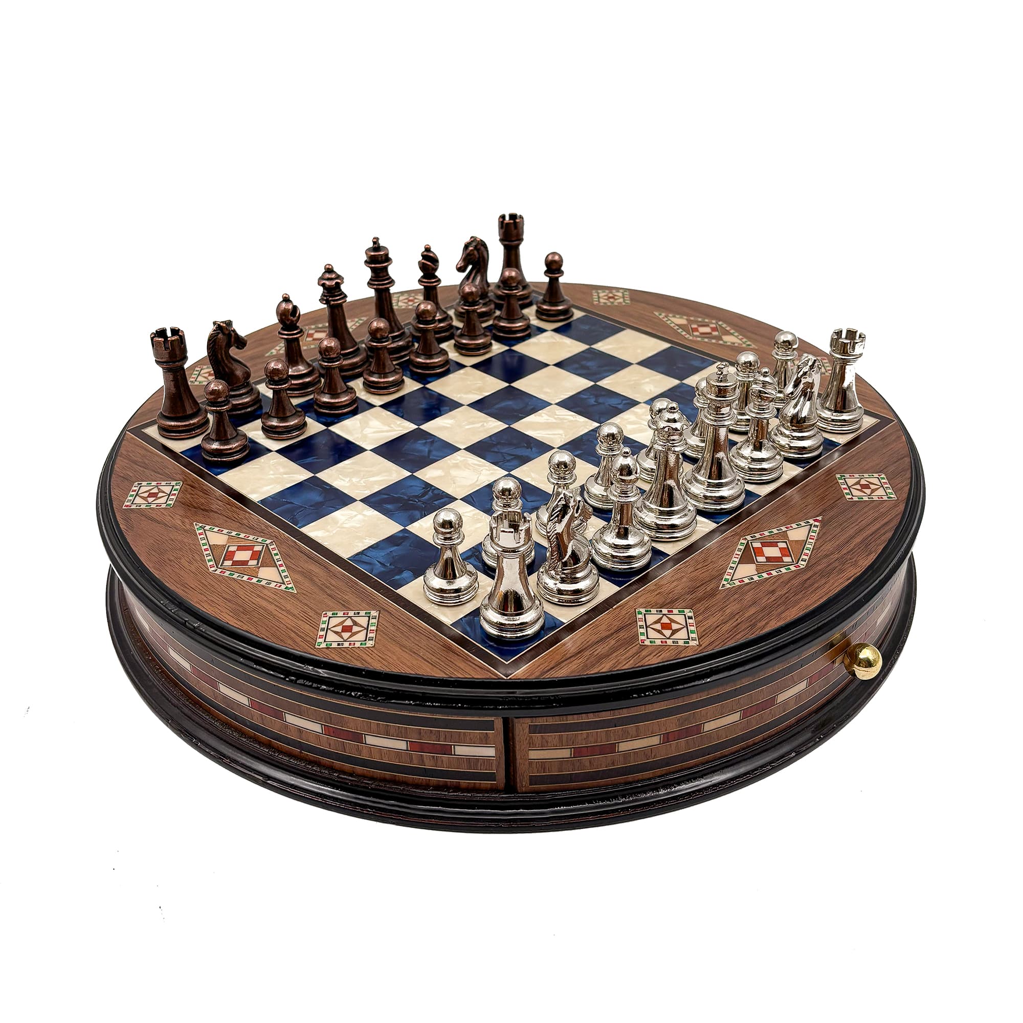 Personalized Round Handcrafted Chess Board with Drawers and Metal Chess Pieces MSYV36 - Mavi Tahta - Bakır-Gümüş