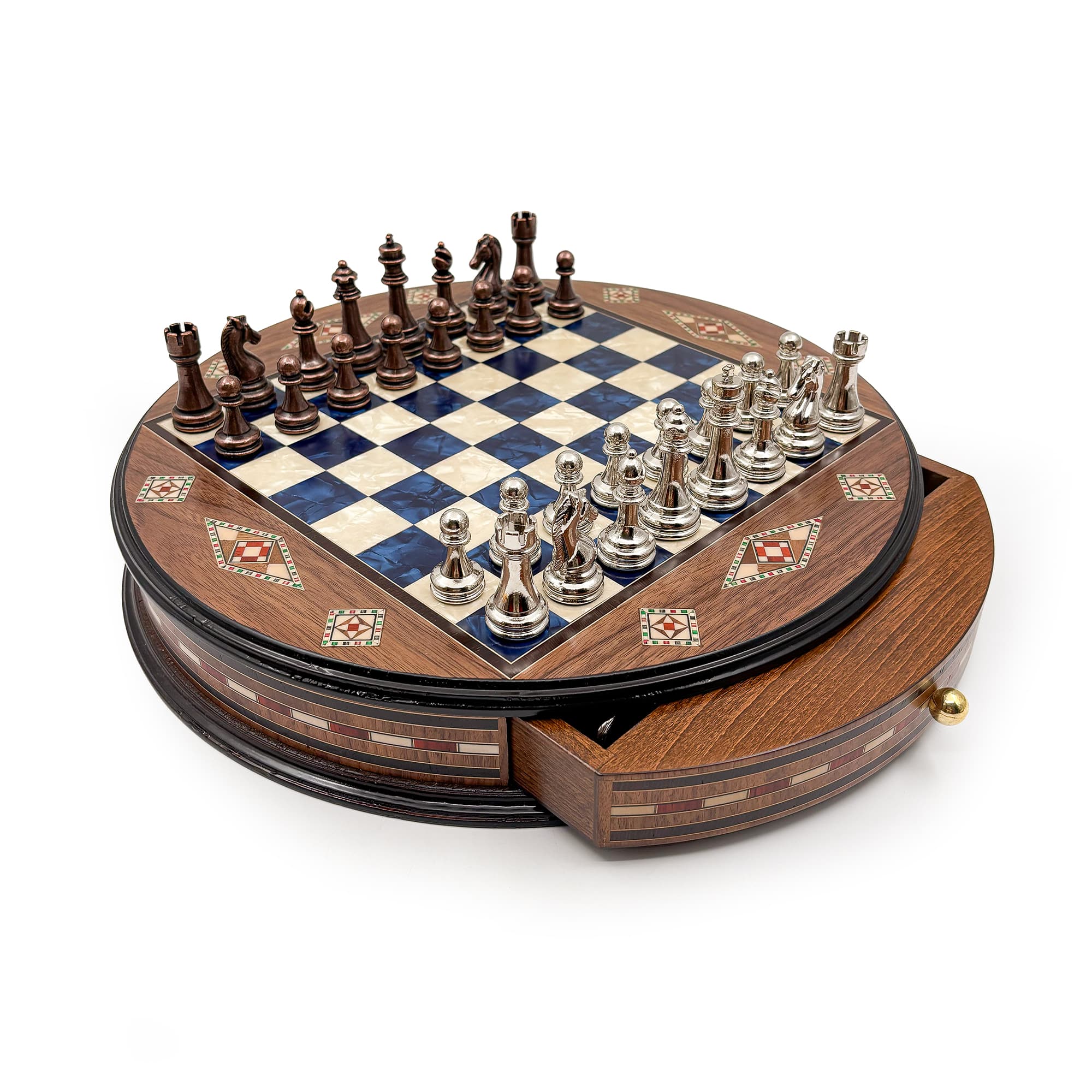 Personalized Round Handcrafted Chess Board with Drawers and Metal Chess Pieces MSYV36 - Mavi Tahta - Bakır-Gümüş - Görsel 2