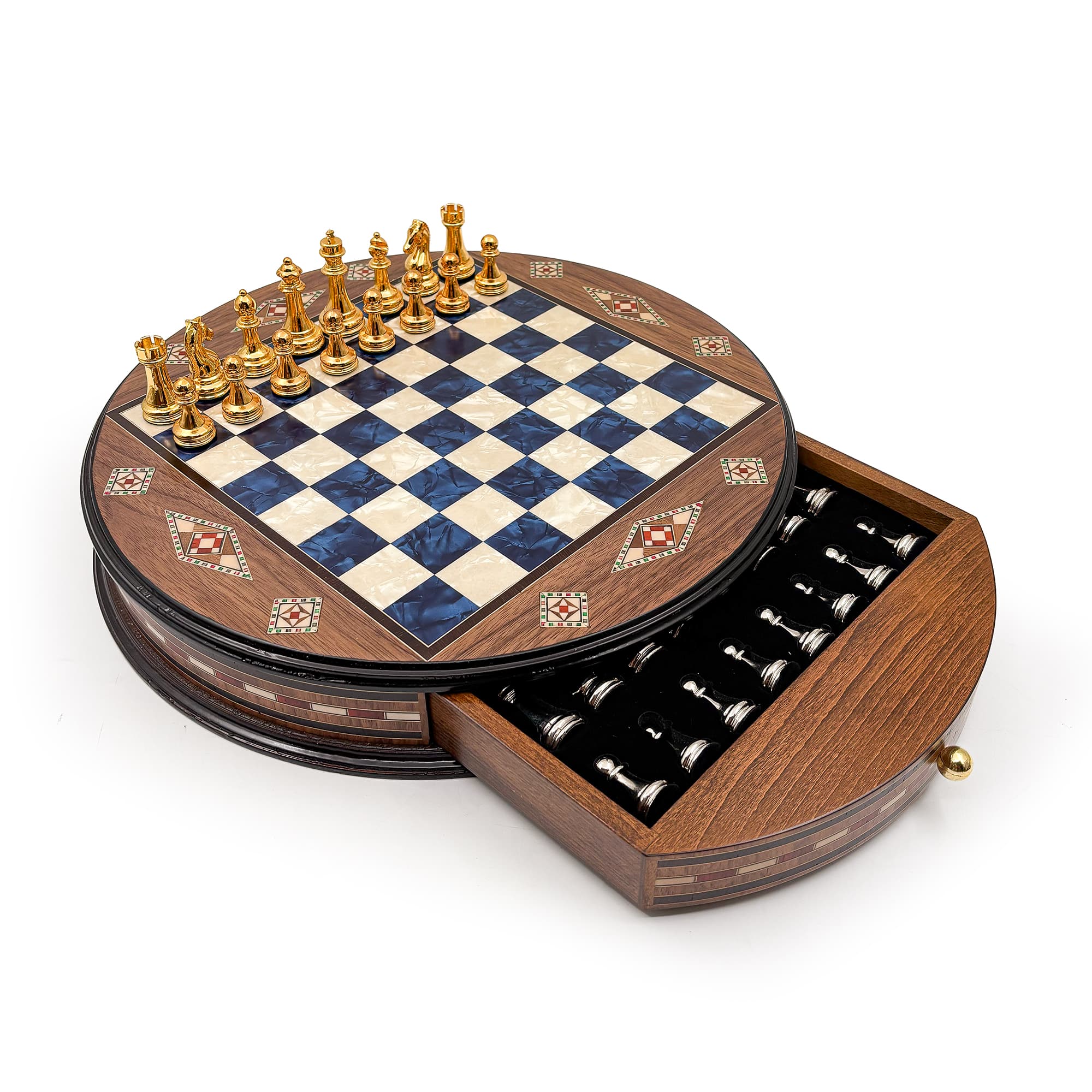 Personalized Round Handcrafted Chess Board with Drawers and Metal Chess Pieces MSYV36 - Mavi Tahta - Altın-Gümüş - Görsel 2