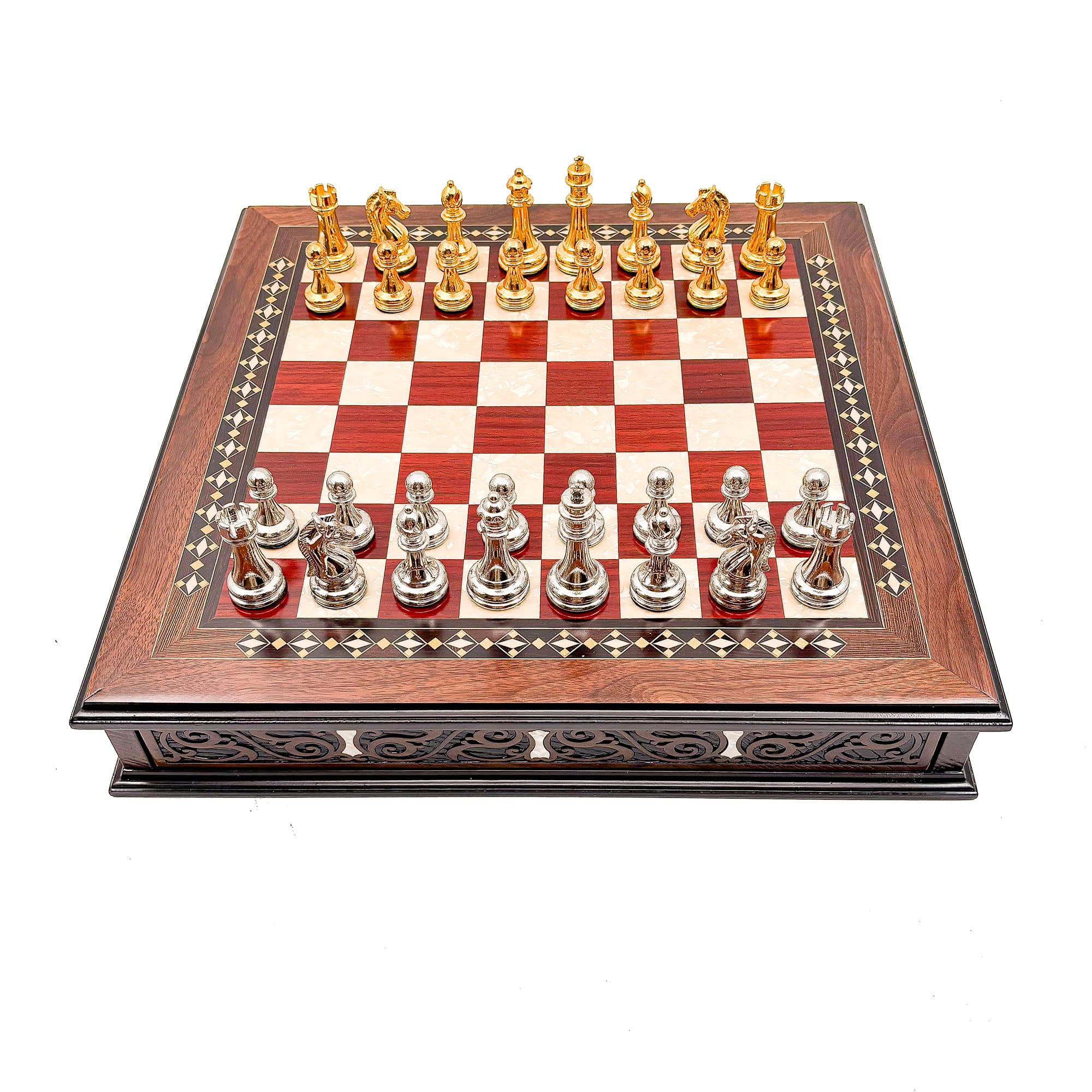 Specially Designed Handcrafted Round Chessboard and Metal Chess Pieces MCYV36 - Altın-Gümüş - Kırmızı Tahta - Görsel 2