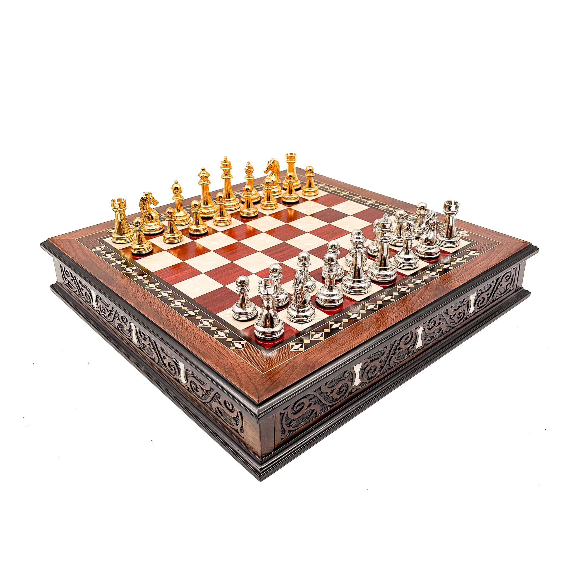 Specially Designed Handcrafted Round Chessboard and Metal Chess Pieces MCYV36 - Altın-Gümüş - Kırmızı Tahta