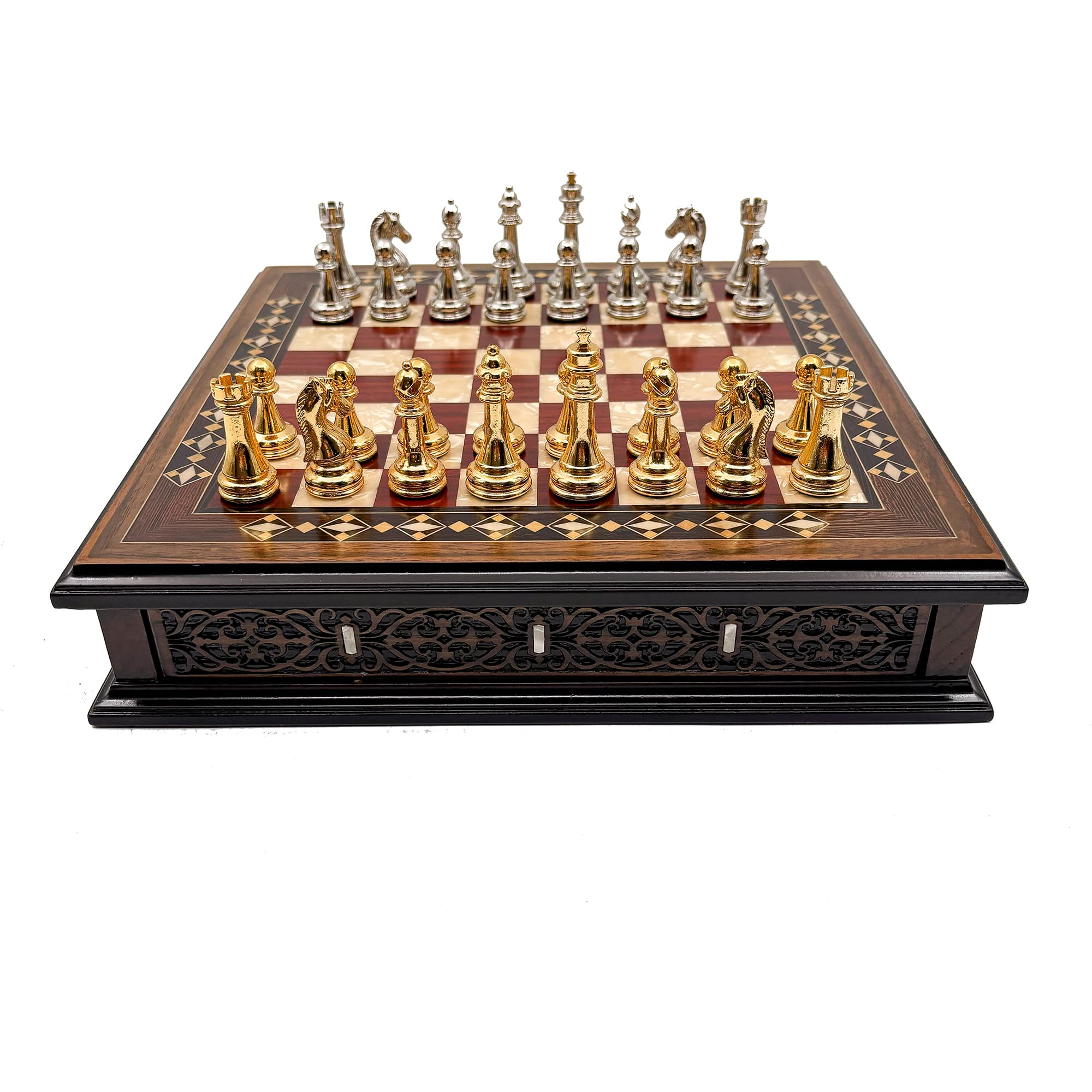 Specially Designed Handcrafted Round Chessboard and Metal Chess Pieces MCYV28 - Altın-Gümüş - Kırmızı Tahta