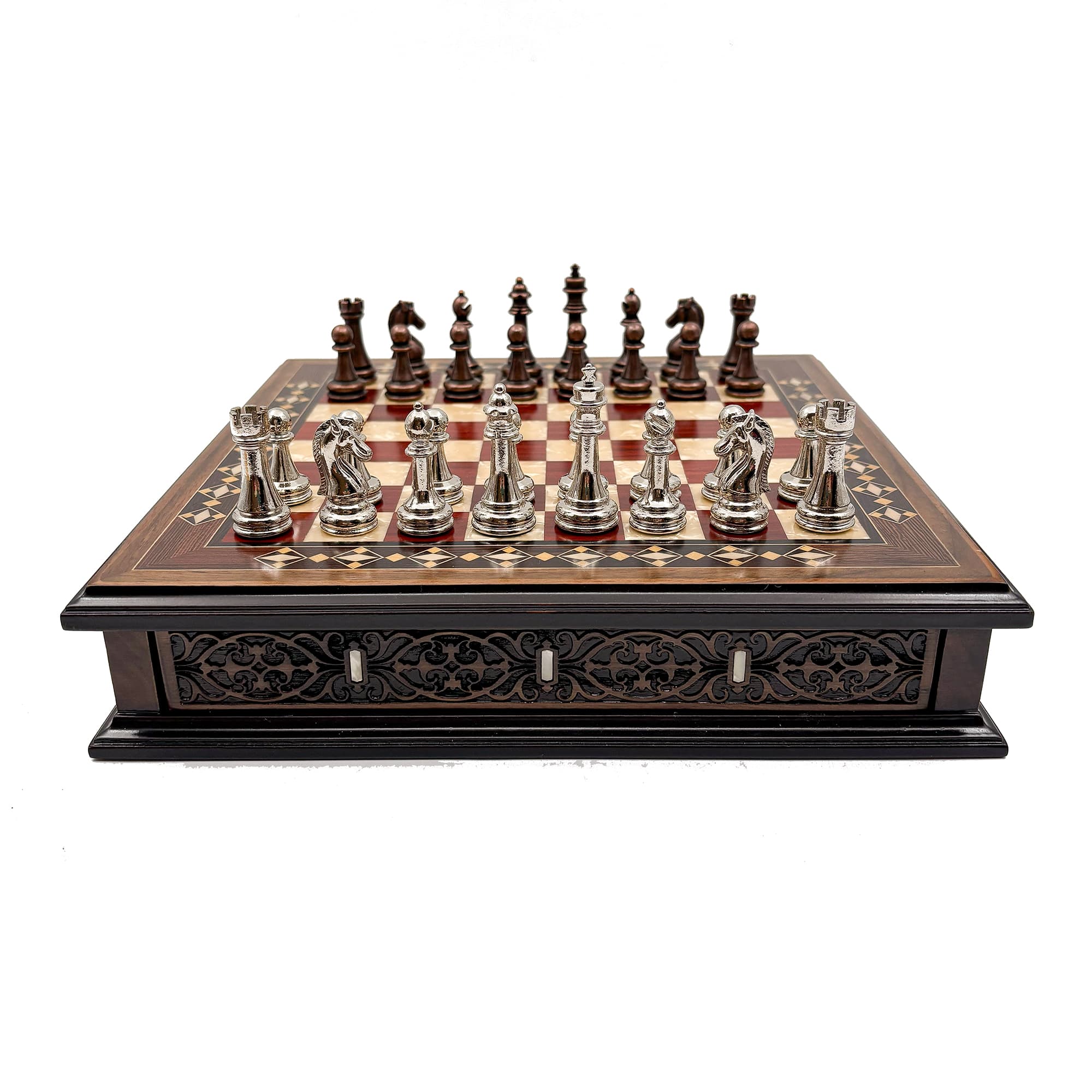 Specially Designed Handcrafted Round Chessboard and Metal Chess Pieces MCYV28 - Bakır-Gümüş - Kırmızı Tahta