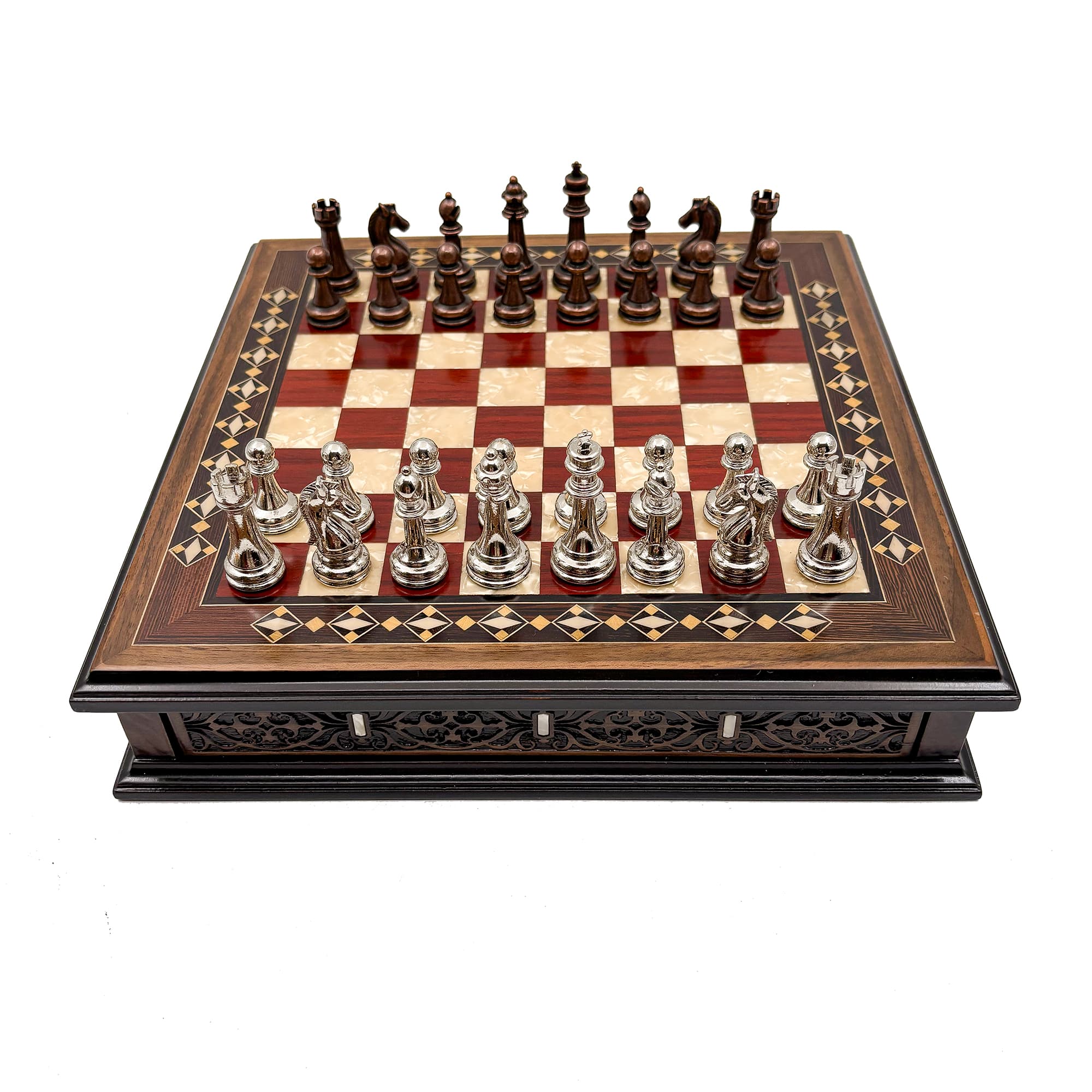 Specially Designed Handcrafted Round Chessboard and Metal Chess Pieces MCYV28 - Bakır-Gümüş - Kırmızı Tahta - Görsel 2