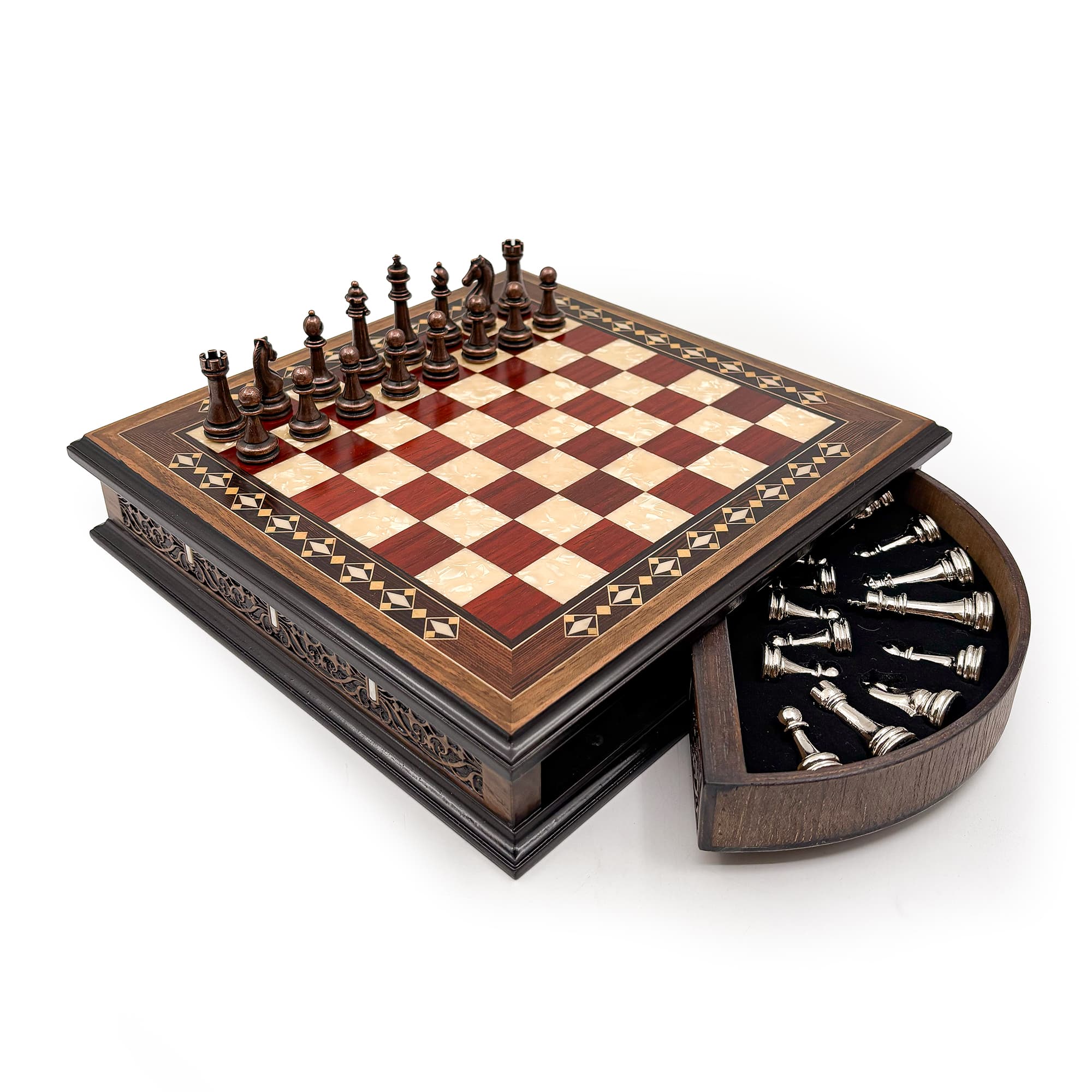 Specially Designed Handcrafted Round Chessboard and Metal Chess Pieces MCYV36 - Bakır-Gümüş - Kırmızı Tahta - Görsel 3