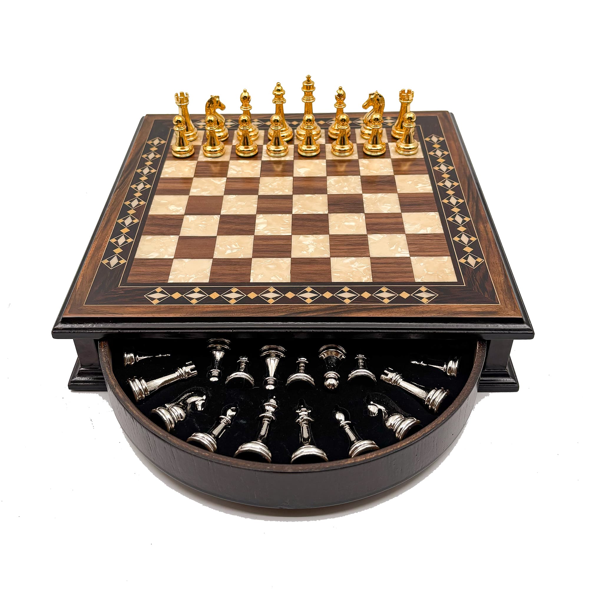 Specially Designed Handcrafted Round Chessboard and Metal Chess Pieces MCYV36 - Altın-Gümüş - Kahve Tahta - Görsel 2
