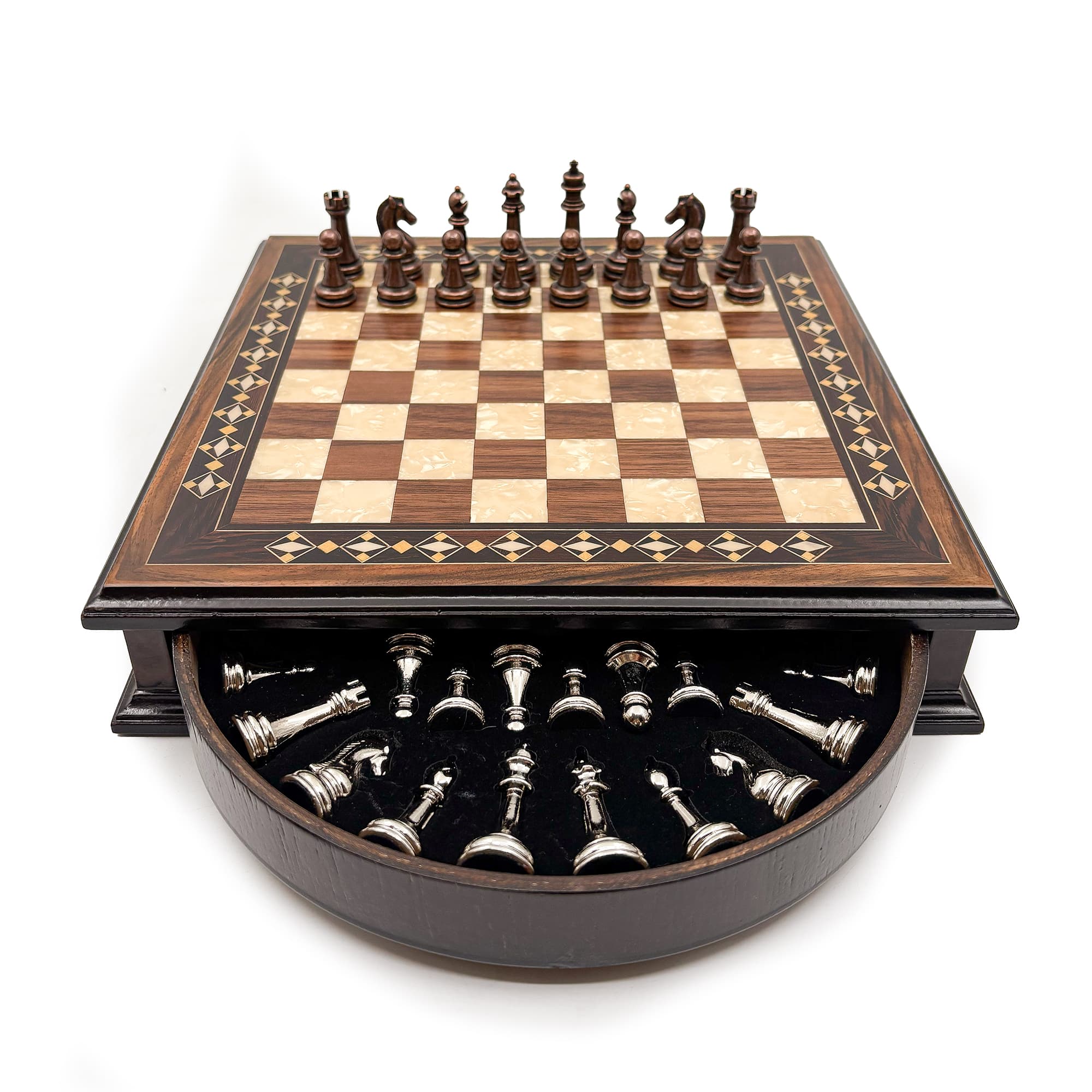 Specially Designed Handcrafted Round Chessboard and Metal Chess Pieces MCYV28 - Bakır-Gümüş - Kahve Tahta - Görsel 2