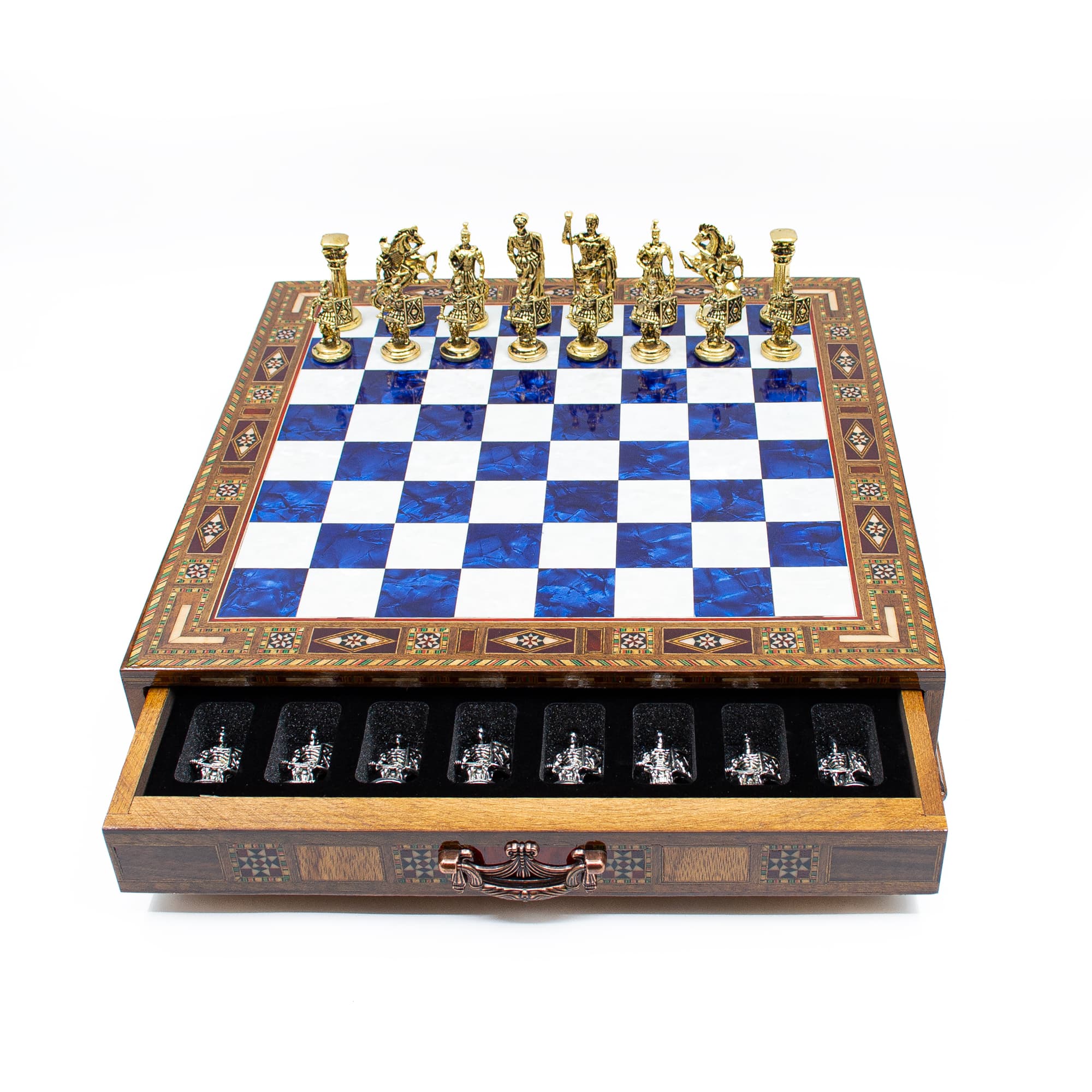 Saklamalı Satranç Roma Oymalı SC38S - 38cm - Mavi Tahta - Görsel 2