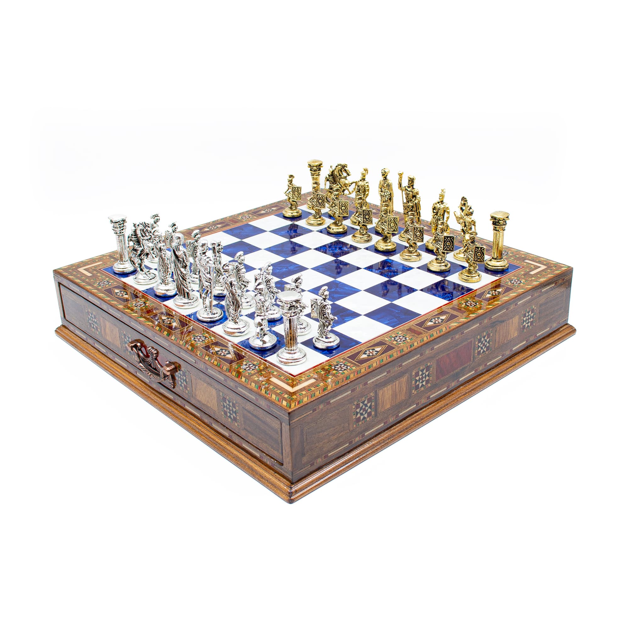 Saklamalı Satranç Roma Oymalı SC38S - 38cm - Mavi Tahta