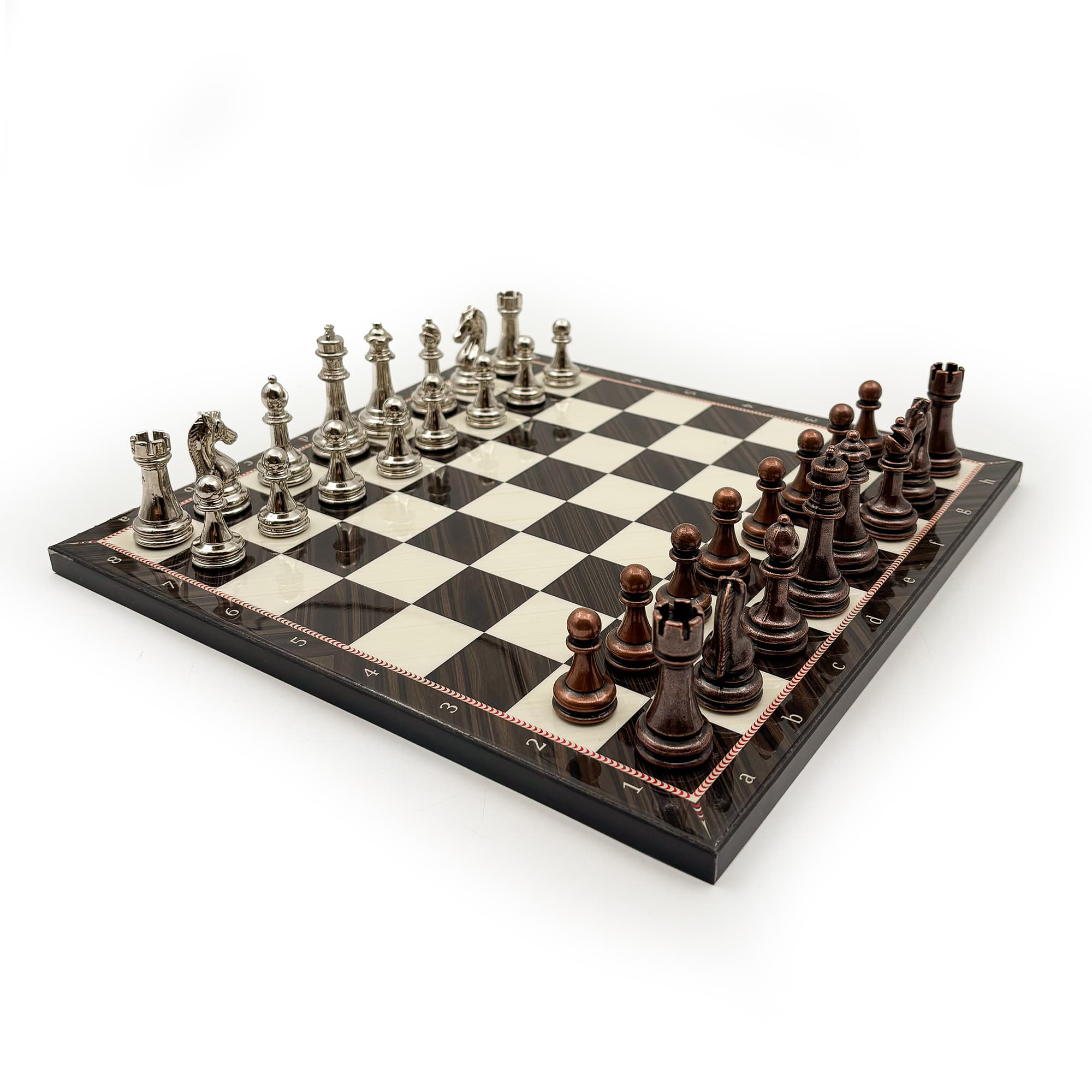 El Yapımı Ceviz Desenli Ahşap Satranç Takımı – Metal Taşlı CD30